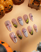 Fairy Ring press on nails with 3D pink and lime mushrooms, a glitter ghost with pink bow and lime green cat eye tips with gold vines - image 1