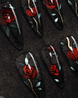 Cathedral Rose gothic press on nails with red glitter roses, hearts and mint leaves in black stained glass lines on a smoky sheer base - image 1