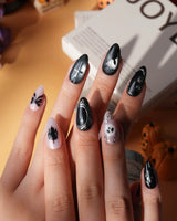 Gothic Dollhouse pink goth press on nails with a black candelabra, silver mirror, crosses, 3D gold roses and a skull on pink and black - image 2