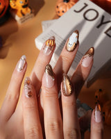 Ghost Portrait press on nails with ghosts in raised gold frames, gold filigree, pearls and a 3D copper pumpkin on copper cat eye - image 2