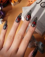 Cathedral Rose gothic press on nails with red glitter roses, hearts and mint leaves in black stained glass lines on a smoky sheer base - image 2