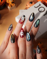 Séance gothic press on nails with a mask, dripping candles, lantern, skull and dagger on jewel tone cat eye with gold studs - image 2