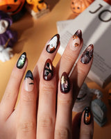 Haunted Manor press on nails with a haunted house in a gold frame, a 3D spider on a web, ghost, witch hat and black cat on cat eye - image 2