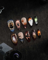Haunted Manor press on nails with a haunted house in a gold frame, a 3D spider on a web, ghost, witch hat and black cat on cat eye - image 3