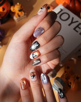 Costume Miffy Halloween press on nails with a bunny in witch hat, bat wings and mummy costume, 3D copper pumpkin and gold stars - image 3