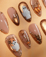 Ghost Portrait press on nails with ghosts in raised gold frames, gold filigree, pearls and a 3D copper pumpkin on copper cat eye - image 3