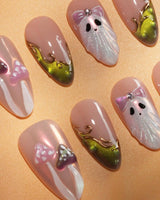Fairy Ring press on nails with 3D pink and lime mushrooms, a glitter ghost with pink bow and lime green cat eye tips with gold vines - image 3