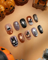 Costume Miffy Halloween press on nails with a bunny in witch hat, bat wings and mummy costume, 3D copper pumpkin and gold stars - image 4