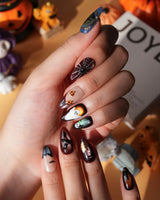 Haunted Manor press on nails with a haunted house in a gold frame, a 3D spider on a web, ghost, witch hat and black cat on cat eye - image 4