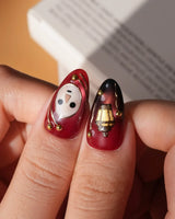 Séance gothic press on nails with a mask, dripping candles, lantern, skull and dagger on jewel tone cat eye with gold studs - image 4