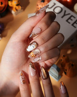 Ghost Portrait press on nails with ghosts in raised gold frames, gold filigree, pearls and a 3D copper pumpkin on copper cat eye - image 4