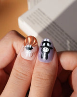 Costume Miffy Halloween press on nails with a bunny in witch hat, bat wings and mummy costume, 3D copper pumpkin and gold stars - image 5