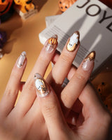 Ghost Portrait press on nails with ghosts in raised gold frames, gold filigree, pearls and a 3D copper pumpkin on copper cat eye - image 5