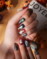 Séance gothic press on nails with a mask, dripping candles, lantern, skull and dagger on jewel tone cat eye with gold studs - image 5