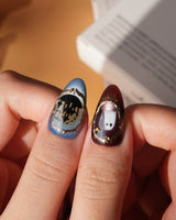 Haunted Manor press on nails with a haunted house in a gold frame, a 3D spider on a web, ghost, witch hat and black cat on cat eye - image 5