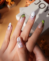 Fairy Ring press on nails with 3D pink and lime mushrooms, a glitter ghost with pink bow and lime green cat eye tips with gold vines - image 5