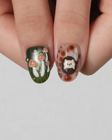 Autumn Tales press-on nails with cute hedgehog, mushrooms and cozy woodland fall accents