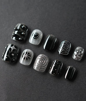 Black & Silver Void handmade press-on nails featuring black aura swirl abstract nails