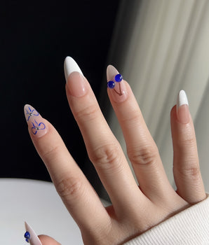 Klein Blue Cherry handmade press-on nails featuring Klein Blue Cherry french tip nails