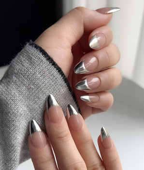 Silver Sleek handmade press-on nails featuring Silver chrome french tip nails