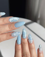 Mermaid Nail Designs Tale custom press-on set with pearly shell accents and soft sky blue finish