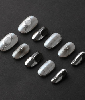 Silver Flame handmade press-on nails featuring silver chrome metallic 3D sculpted nails