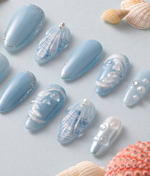 Mermaid Nail Designs Tale handmade press-on nails featuring Sky Blue, 3D Waves & Shells.
