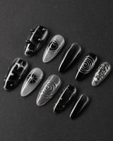 Black & Silver Void nail art close-up showing black aura swirl abstract nails details