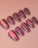 Rose Brew press-on nail set — Maroon cat eye nails design, hand-painted with real gel polish