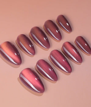 Rose Brew press-on nail set — Maroon cat eye nails design, hand-painted with real gel polish