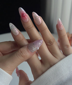Lavender Blush handmade press-on nails featuring Pearly Iridescent, 3D Sculpted Florals