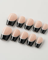 Classic Return - Ebony press-on nails with black French styling and minimalist white detail