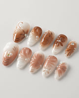 Brown & Khaki press-on nails in short almond with soft neutral fall colors