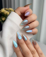 Aurora Icefire press-on nail set — Icy Iridescent Cat Eye. design, hand-painted with real gel polish