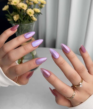 Aurora Mirage handmade press-on nails featuring Dusty Rose, Velvet Cat Eye.