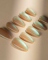 Aurora Mist press-on nail set — Champagne Nude, Green Aurora Cat Eye. design, hand-painted with real gel polish