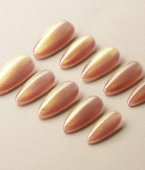 Aurora Flame handmade press-on nails featuring orange & gold cat eye