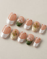 Duchess Olive press-on nails with olive green 3D florals and glossy French tip accents