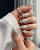 Thump Bunny_Mint press-on nail set — Sage Green, Velvet Cat Eye Bow. design, hand-painted with real gel polish