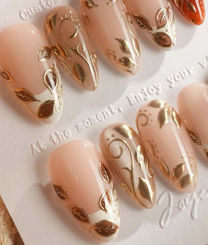 Falling leaves handmade press-on nails featuring Caramel Autumn, 3D Relief Gold Leaf & Vines