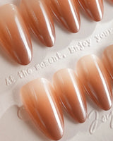 Caramel Chrome press-on nails — Nude Brown chrome, Glossy Caramel Style. handmade nail art by Joyee Nails