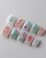My Backyard press-on nails — Icy Multicolor, 3D Gold Wire Florals. handmade nail art by Joyee Nails