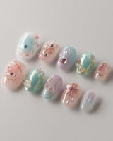 My Backyard press-on nails — Icy Multicolor, 3D Gold Wire Florals. handmade nail art by Joyee Nails