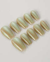 Aurora Mist press-on nails — Champagne Nude, Green Aurora Cat Eye. handmade nail art by Joyee Nails
