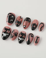 Night Prowler press-on nails — dusty pink black cat hand-painted 3D details nails handmade nail art by Joyee Nails