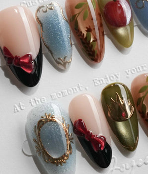 Snow White Medium Almond with multicolored cute 3d handmade press-on nails - image 1