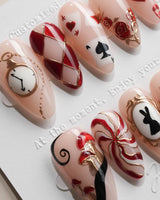 Alice in Wonderland Medium Almond with red Luxury non-3d handmade press-on nails - image 1