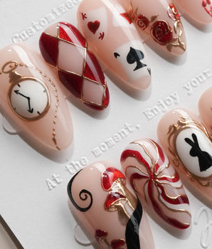 Alice in Wonderland Medium Almond with red Luxury non-3d handmade press-on nails - image 1