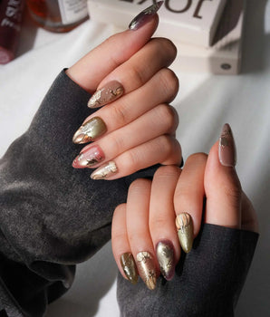 Golden Pumpkin Short Almond with brown Luxury non-3d cat eye nails handmade press-on nails - image 1