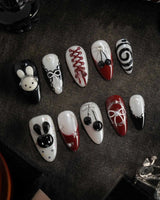 Dark Miffy handmade press-on nails featuring black white red mix design bunny lace bow cherry swirl french 3D accents
